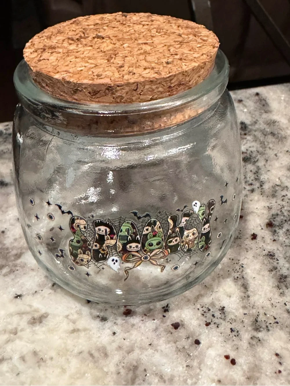 LABUBU Glass Jar with Cork Lid - Clear Glass with Multicolor Design 3In tall